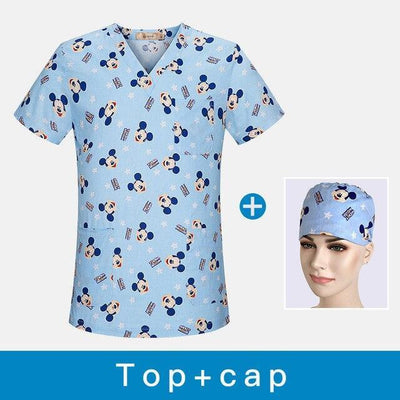High quality Hospital Nurse Scrub Tops Women Scrub clothes Breathable mickey Printing Surgical Medical Uniforms Women wholesale