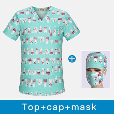 V-Neck Hospital Nurse Scrub Tops Women Scrub clothes With Breathable cartoon Printing Surgical Medical Uniforms Women wholesale